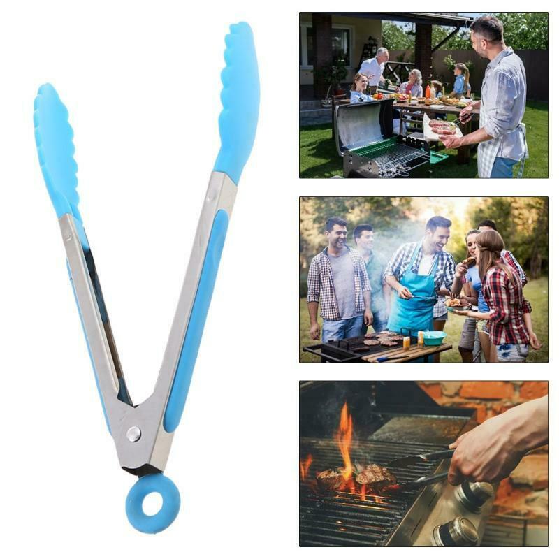 Silicone Kitchen Cooking Salad Serving BBQ Tongs Stainless Steel Handle Utensil