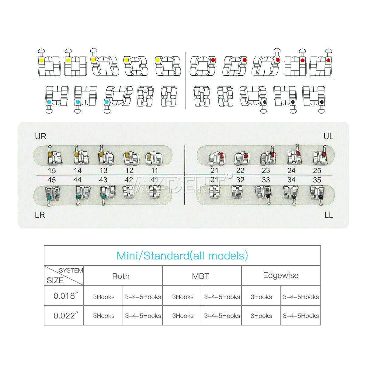 50 Packs AZDENT Dental Orthodontic Brackets Braces Mini Roth 018 Hooks 3-4-5