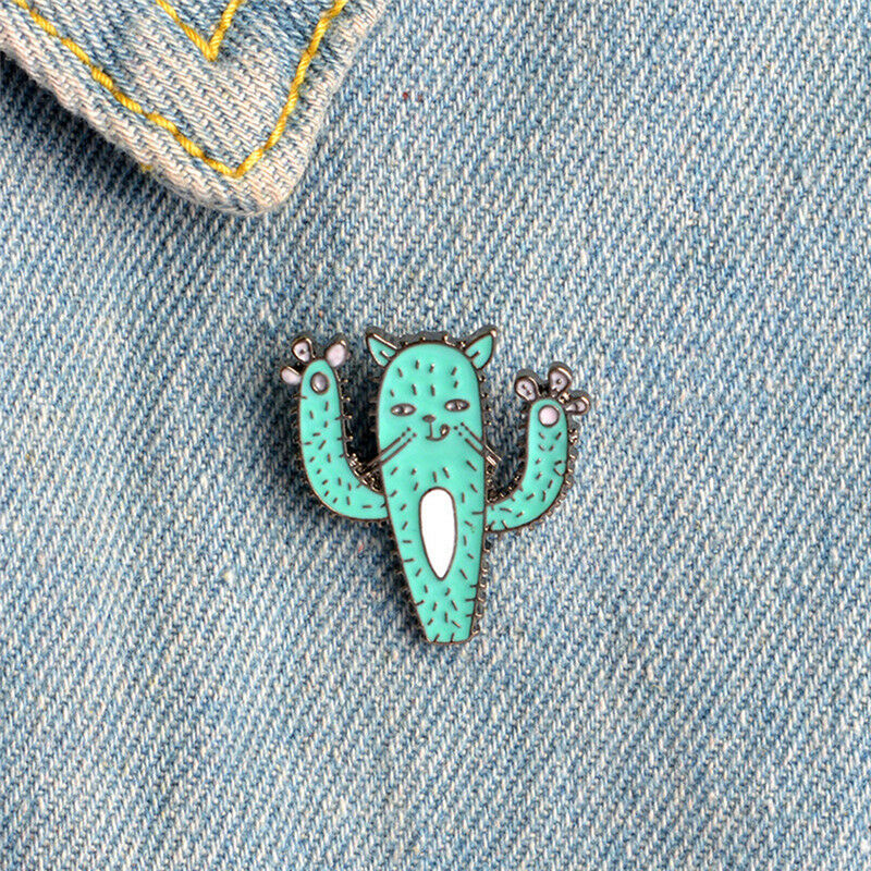 Cartoon Enamel Cactus Plant Cat Brooch Pins Animal Lapel Collar Pin Jewelr.l8