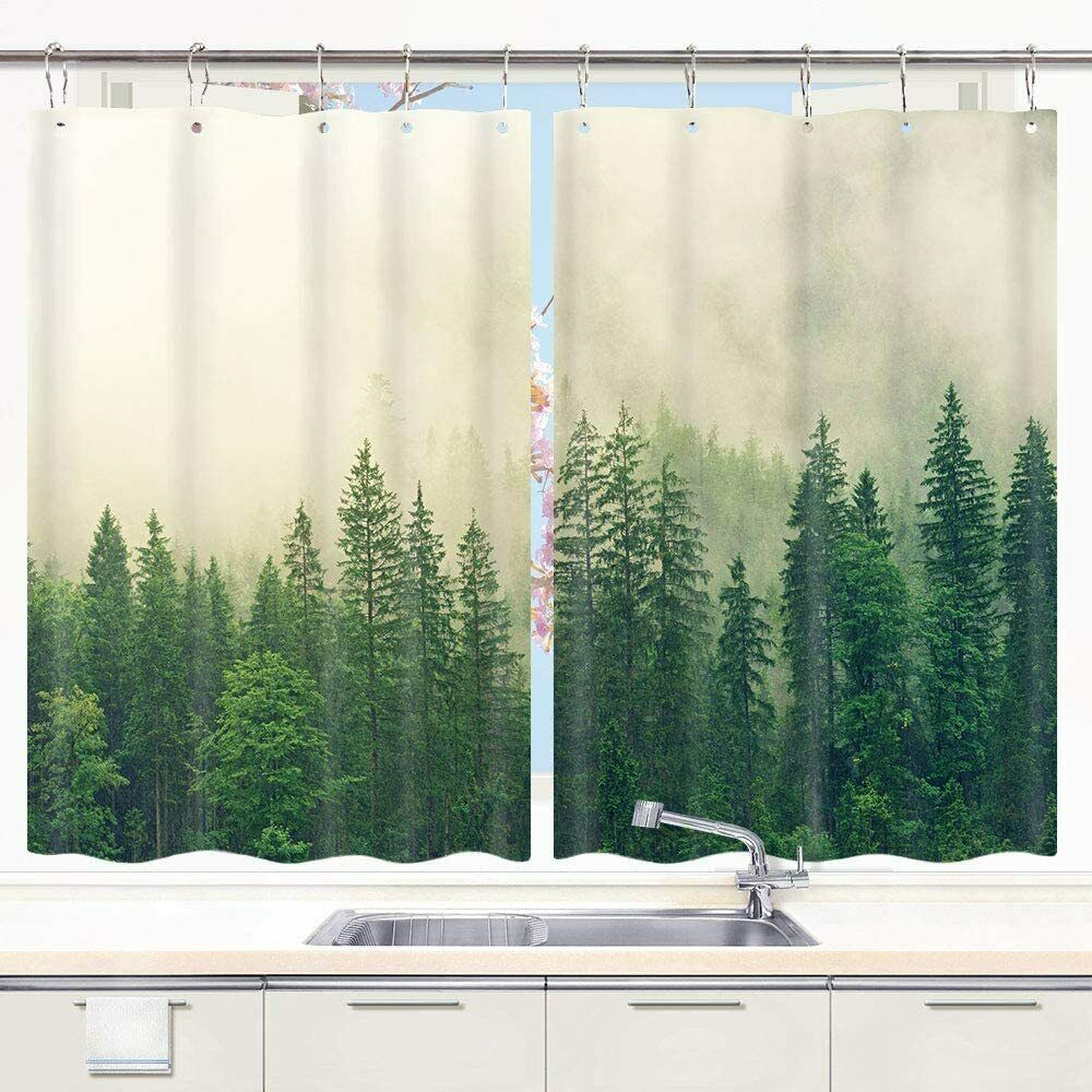 Forest Fog Woods Trees Nature Landscape Forest Pine Tree Kitchen Curtain 55X39in