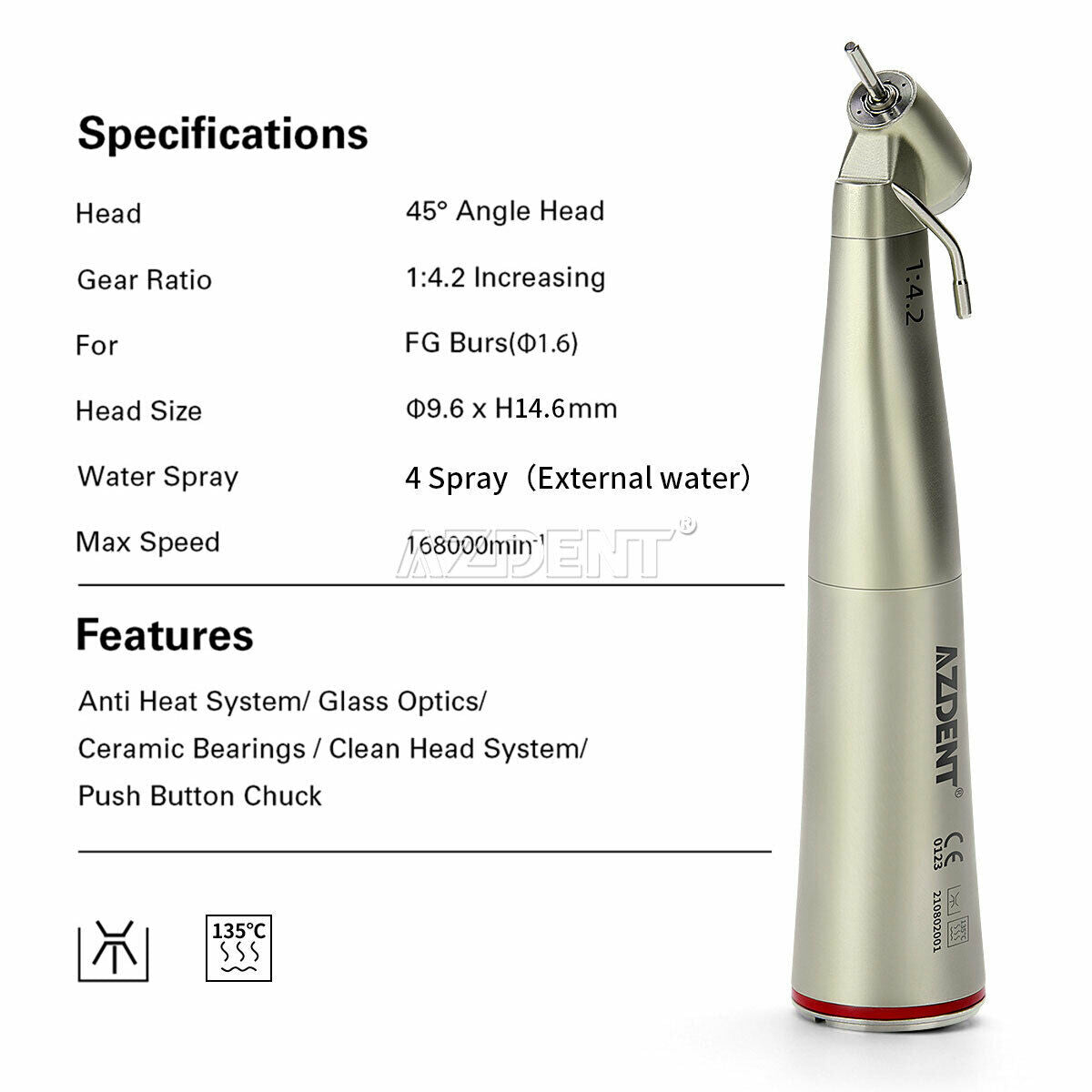 45 Degree Dental LED Contra Angle Surgical Handpiece 1:4.2 Increasing external