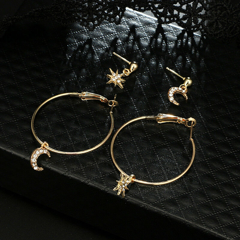 4X Bohemian Large Circle Earrings Ear Clip Crystal Moon Star Stud Jewelry LDU Xz