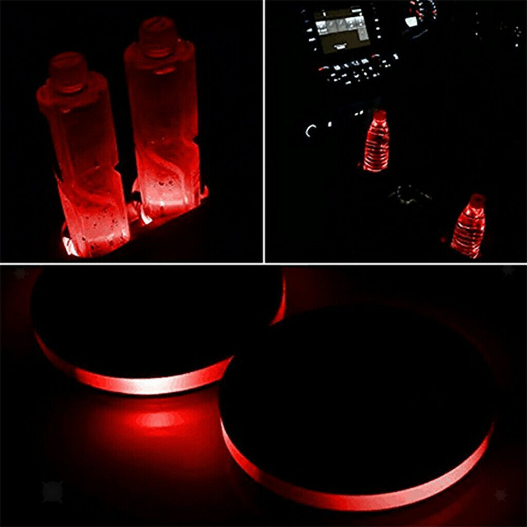 Solar RGB LED Light Cup Holder Bottom Pad Interior Decor Universal Car Party
