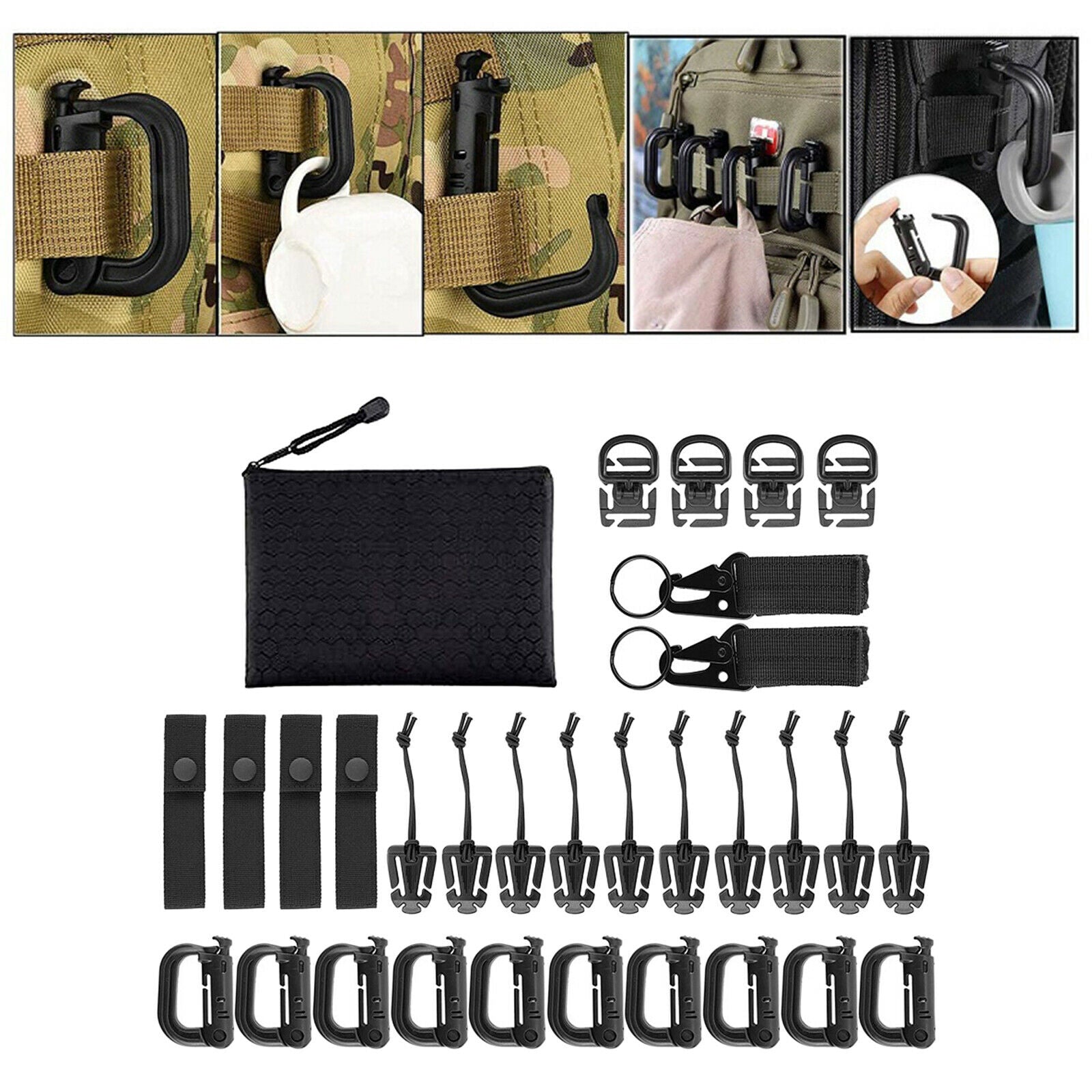 30Pack Molle Attachments D-Ring Clip MOD Strap Web Dominator Elastic Strings