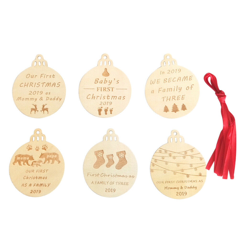 6Pc Wood Christmas Bulb Shaped Wood Pieces Ornaments Hanging Xmas Tree Decor