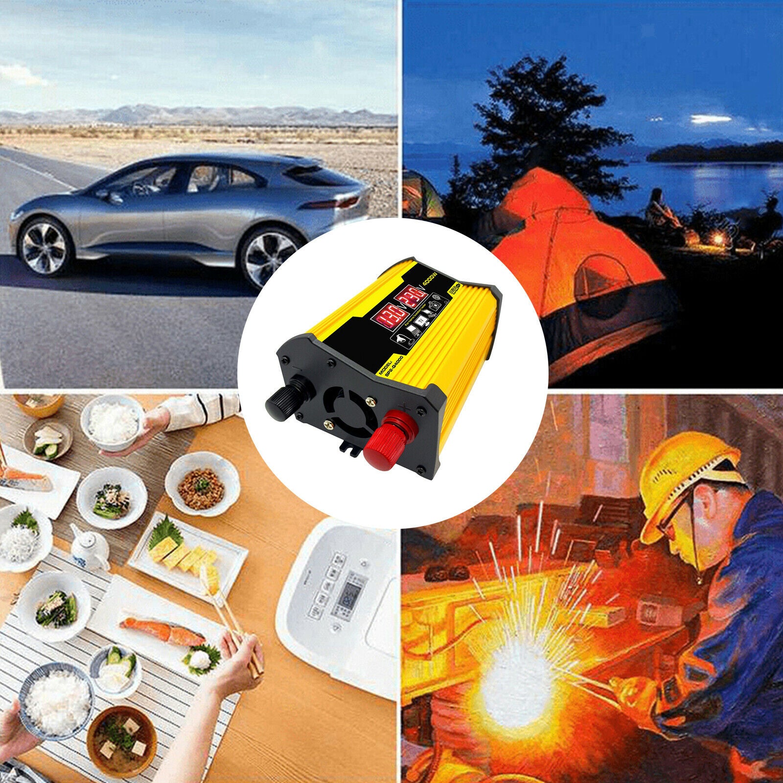 Power Inverter with Dual USB and Lighter Outdoor Power Supply Yellow 110V D