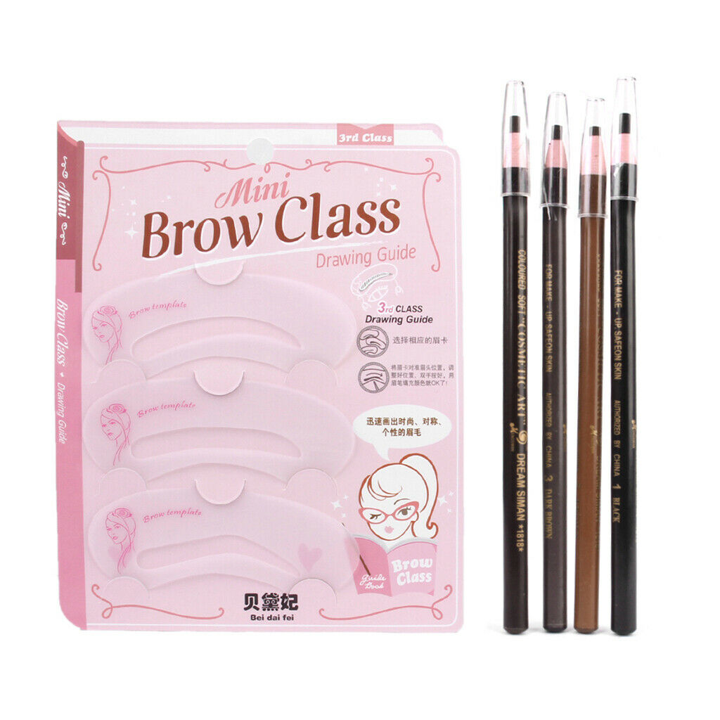 New 3-Style Eyebrow Stencils Shaping Cards + 4pcs Brow Makeup Pencils Set + 1pcs