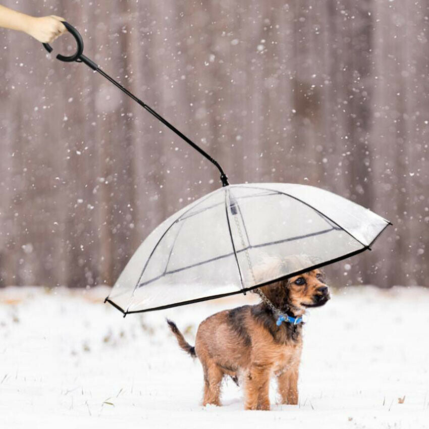 Pet Umbrella Built In Leash Dog Puppy Dry Walking Sleet Snow Rain Clear Plastic