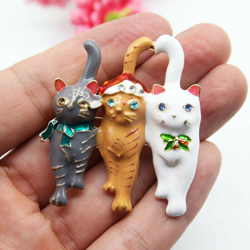 Fashion Three Christmas Cat  Brooch Animal Pin Corsage Elegant Jewelry Gift US