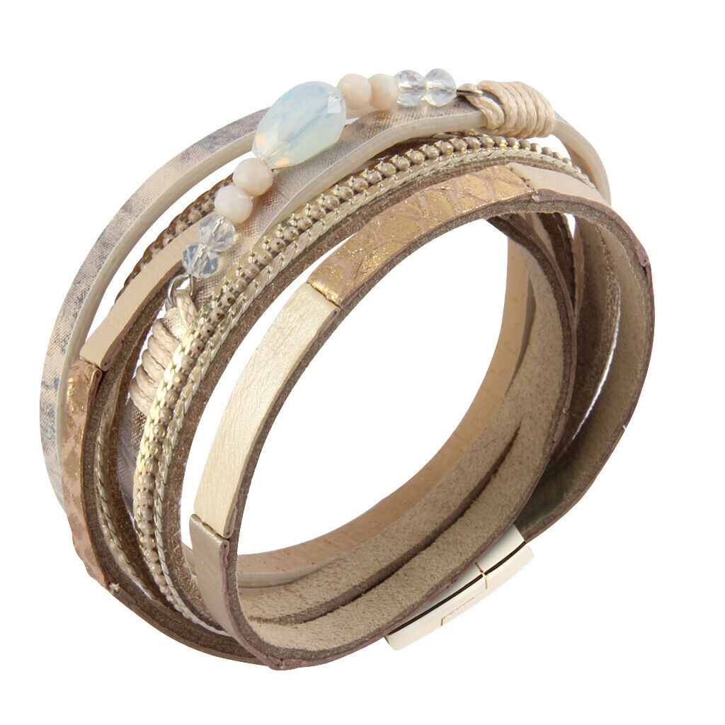 Boho Multi-layer PU Leather Bracelet Bangle Cuff with Rhinestone Light Brown