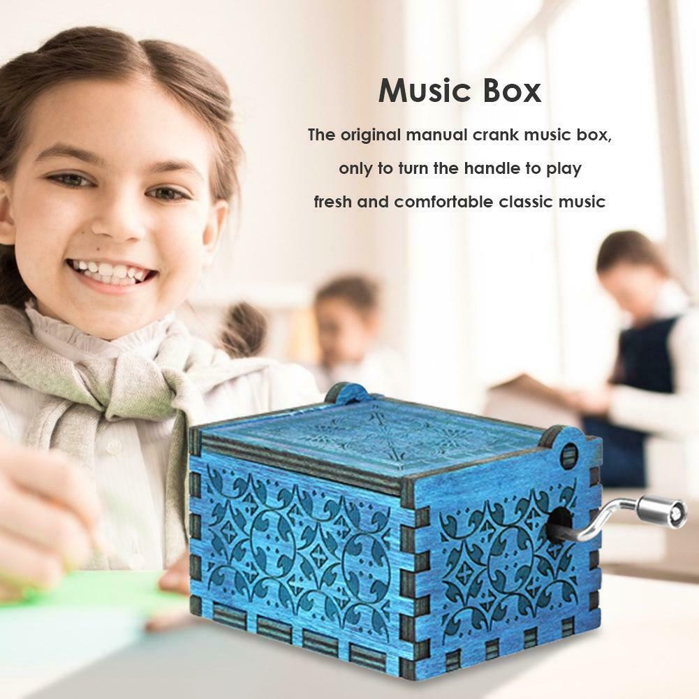 Retro Blue Wood Hand Cranked Music Box Child Xmas Gift Home Decor Ornament @