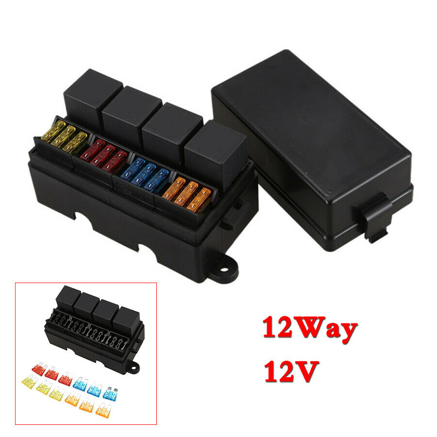12 Way Blade Fuse Box 4-Relay Holder w/Spade Terminals 12V 40A For Car Truck SUV