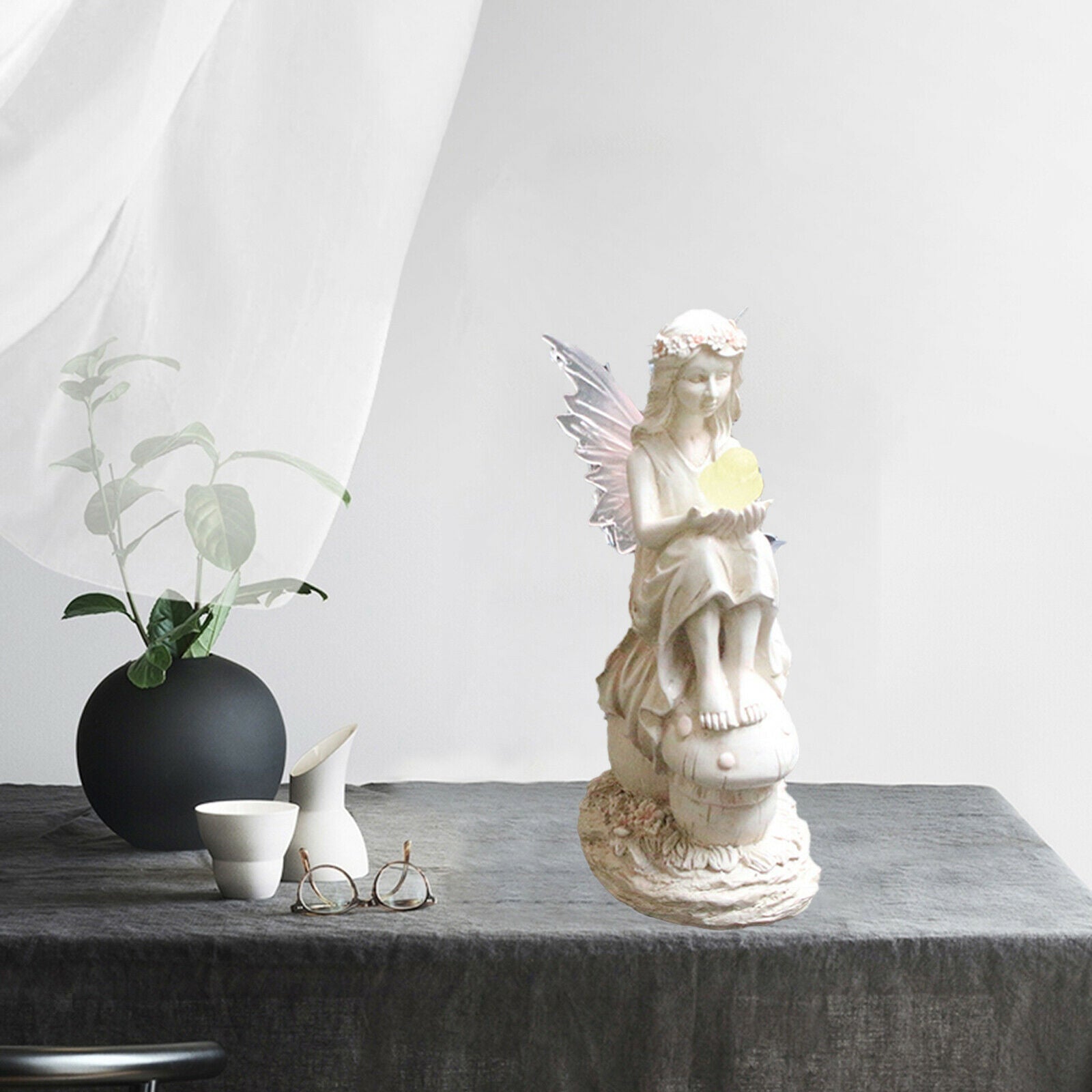 Angel Sculpture with Wing Solar Powered Pond Statue Ornaments White Bedroom