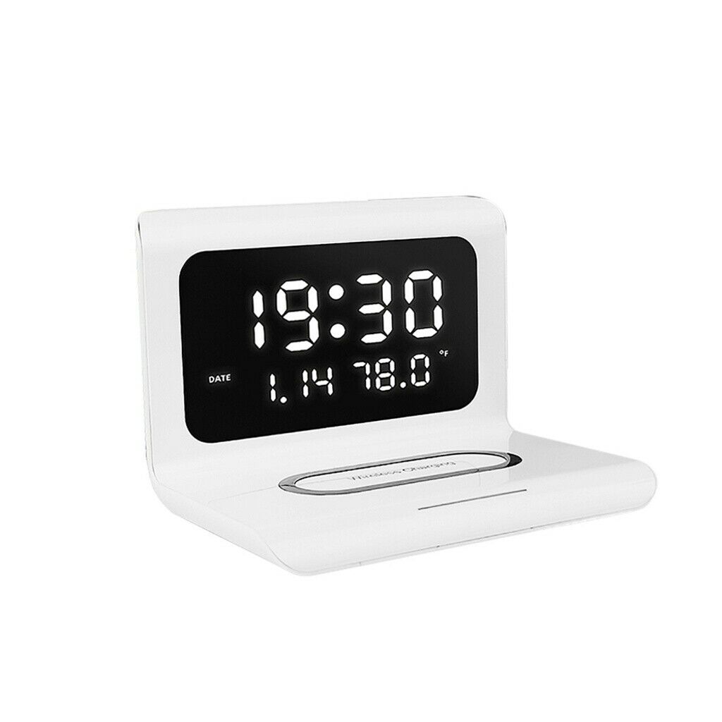 Multifunctional Alarm Clock Wireless Charger LED Display Digital Clock White