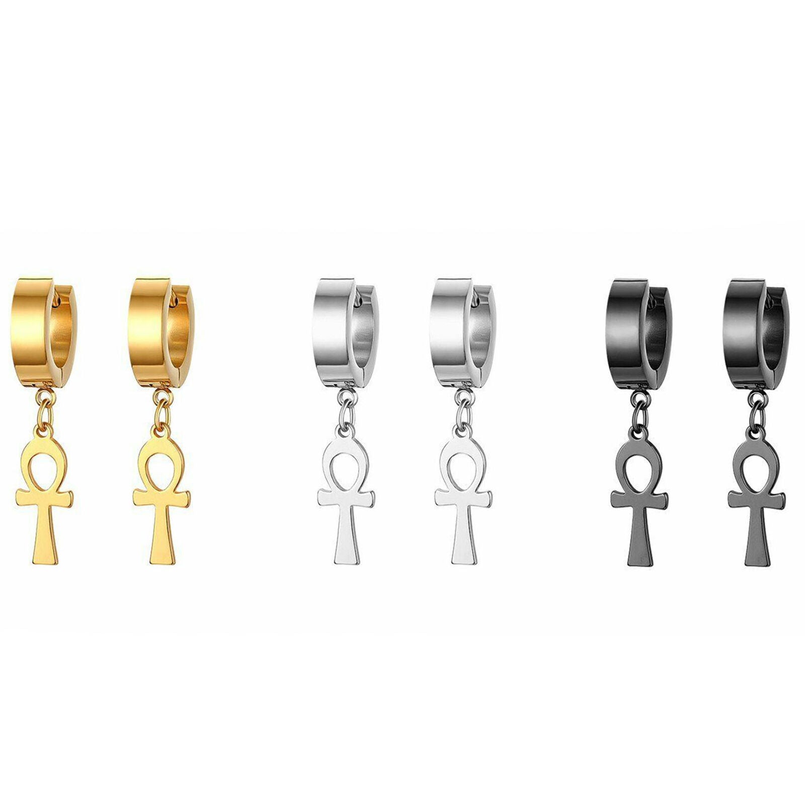 6pcs Men's Women's Stainless Steel Ankh Egypt Cross Drop Dangle Hoop Earrings