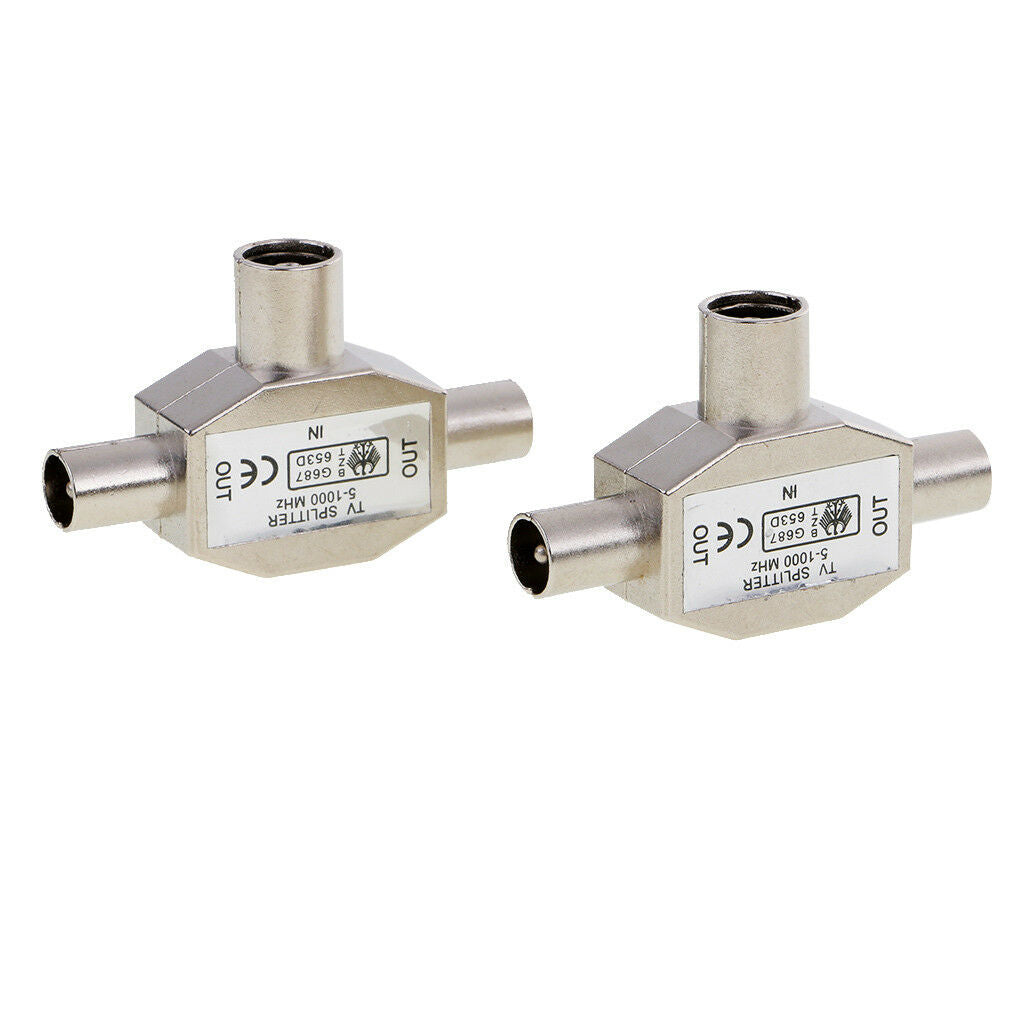 2pcs TV Aerial Coaxial Signal Splitter 2-Way 1 Female to 2 Male Connector
