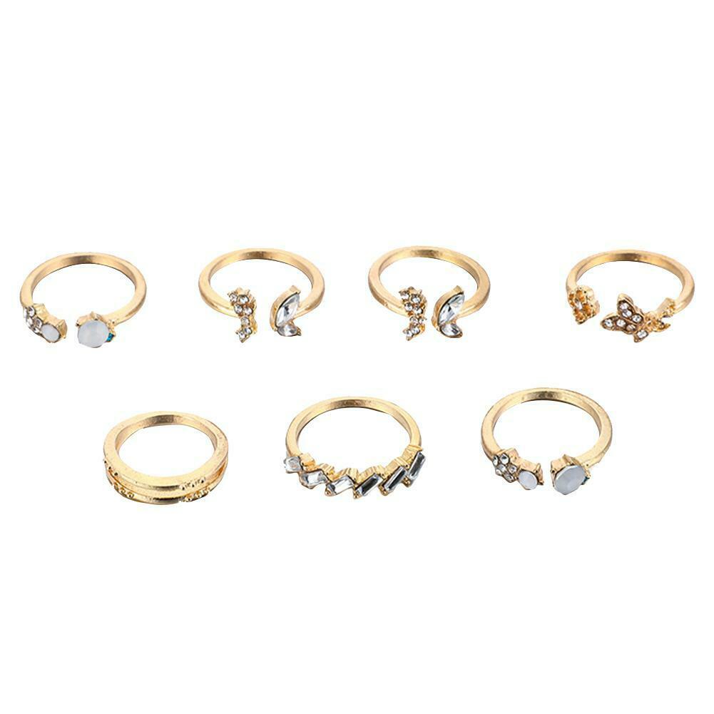 7pcs/set Rhinestone Butterfly Flower Ring Women Open Knuckle Rings Jewelry @