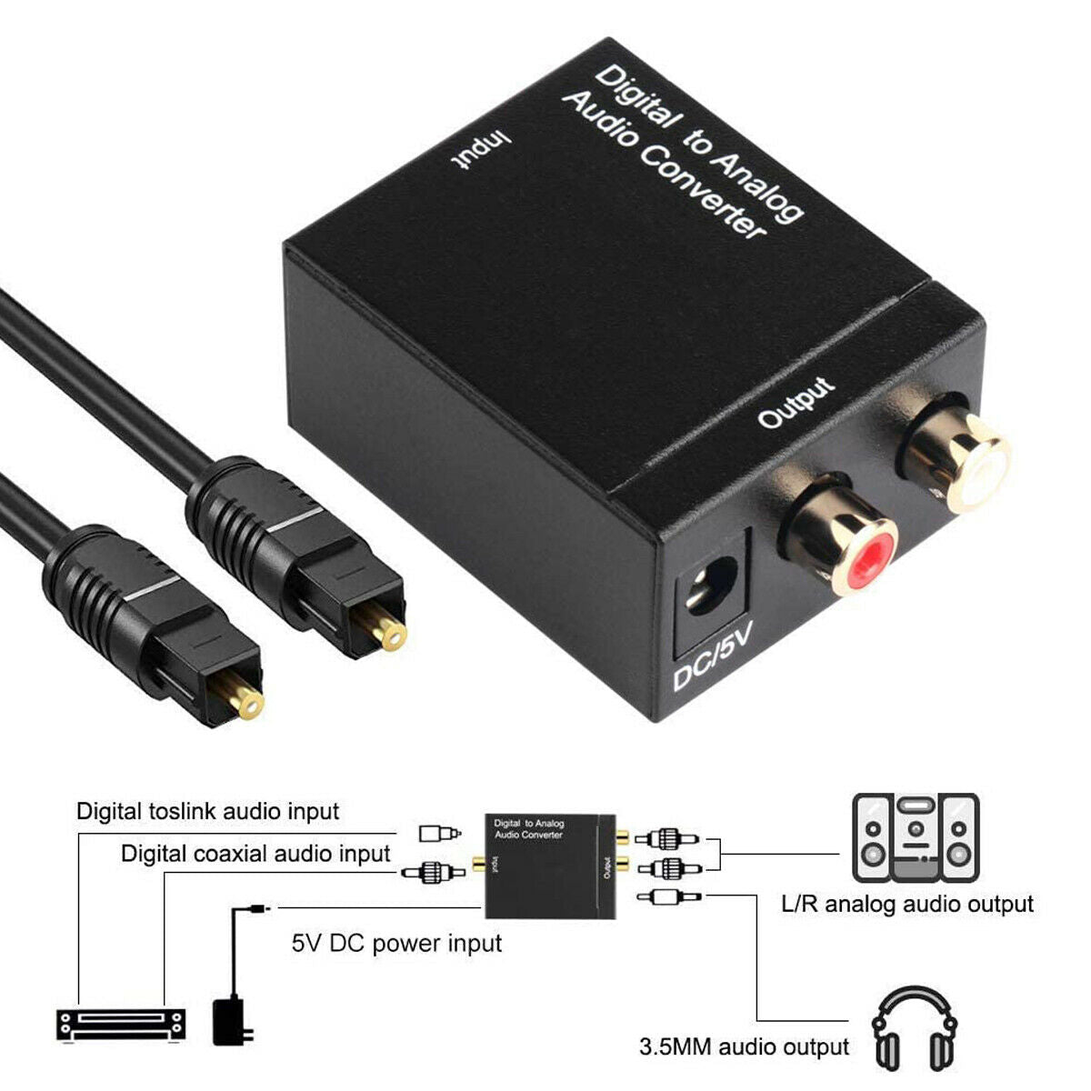 Audio Converter Optical Coaxial In Headphone Speaker RCA Out Digital To Analog