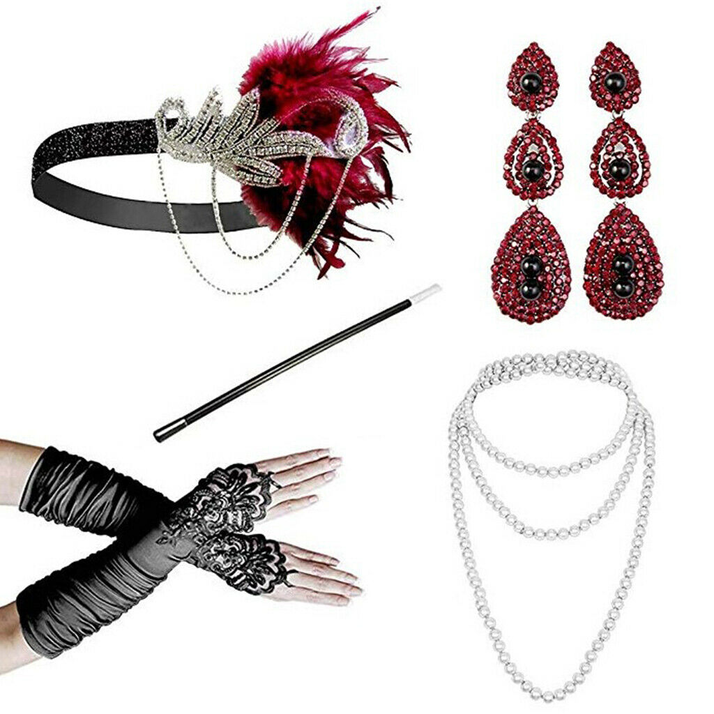 5pcs/Set Womens 1920s Feather Headband Necklace Gloves Party Fancy Costume
