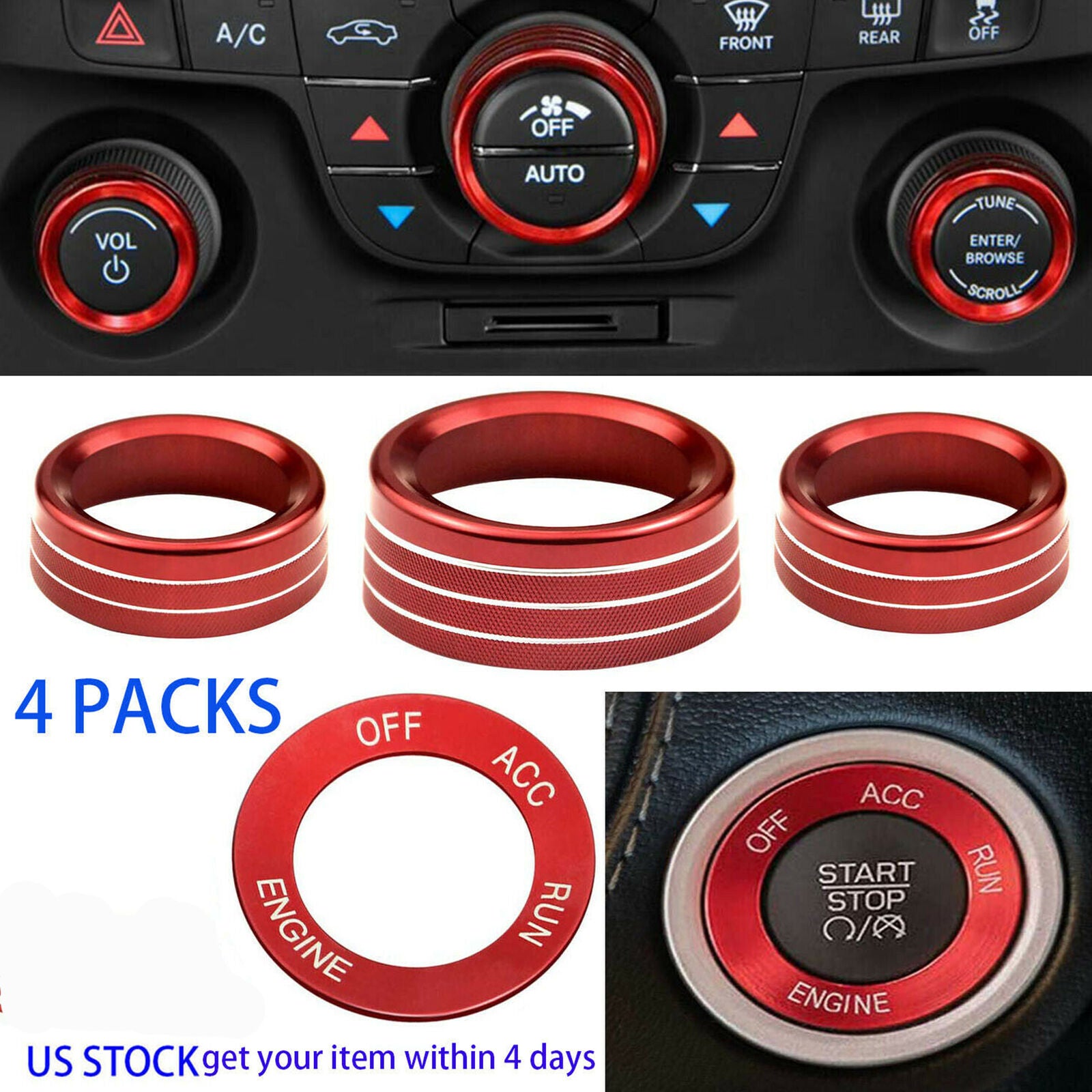 AC Radio Switch Trim Ring Knob Engine Start Stop Covers For Dodge Challenger