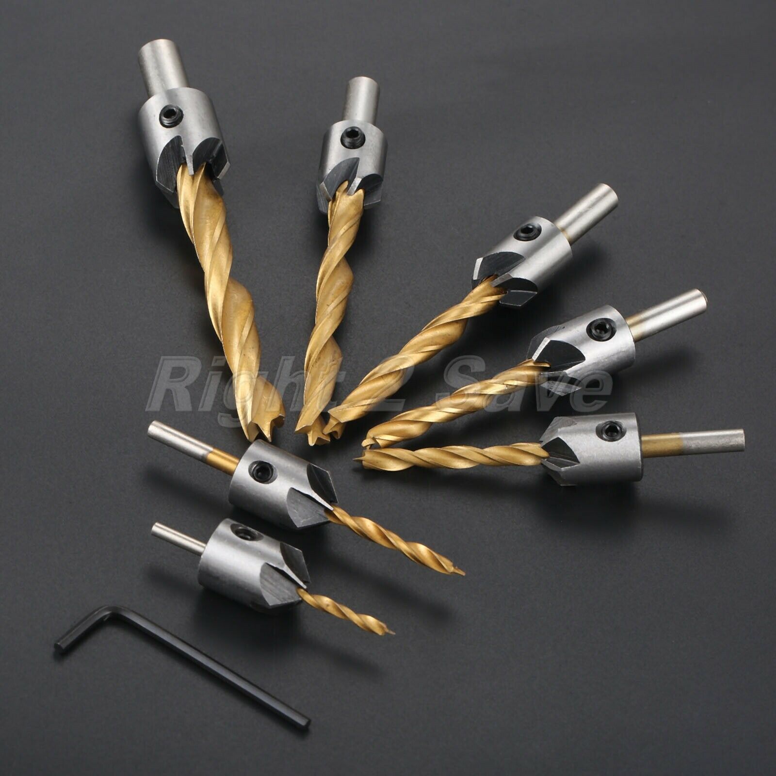7Pcs HSS 5 Flutes Countersink Drill Bits Set Chamfer Hex Shank Woodworking Tool