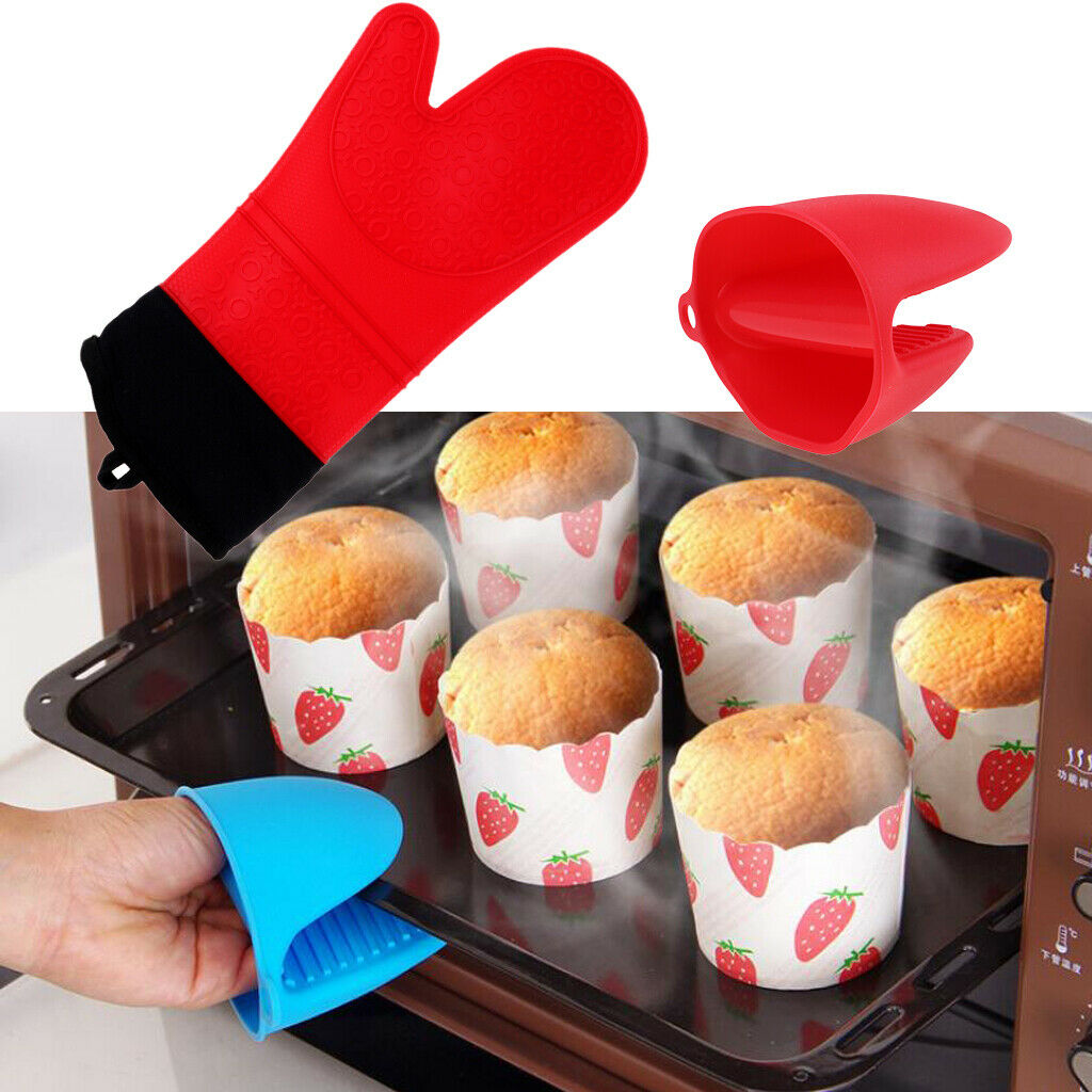 2pcs Heat Resistant Silicone Oven Glove Pot Holder Grip Pinch Mitts Red