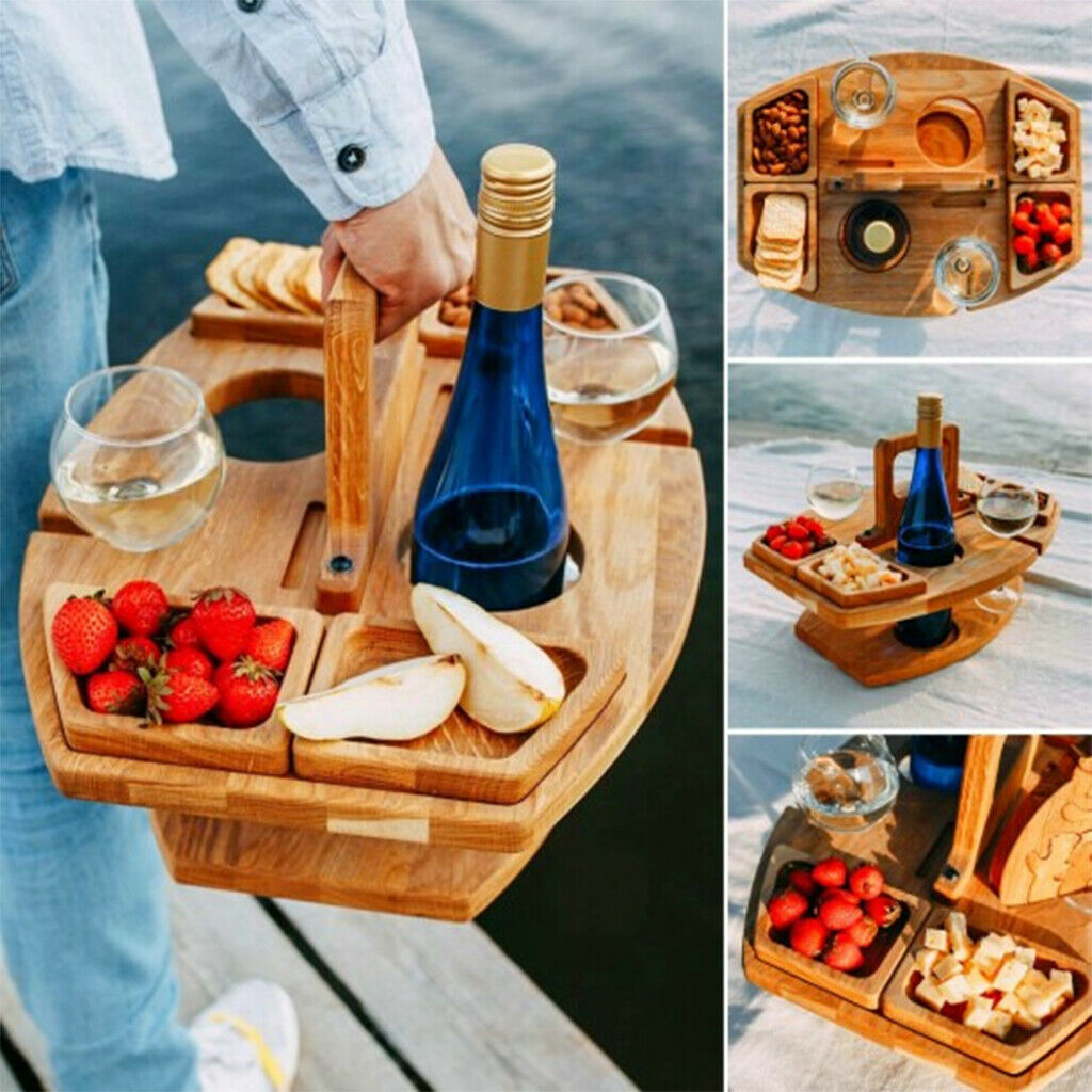 Portable Wood Picnic Desk Detachable Table Wine Glass Rack Camping Plate