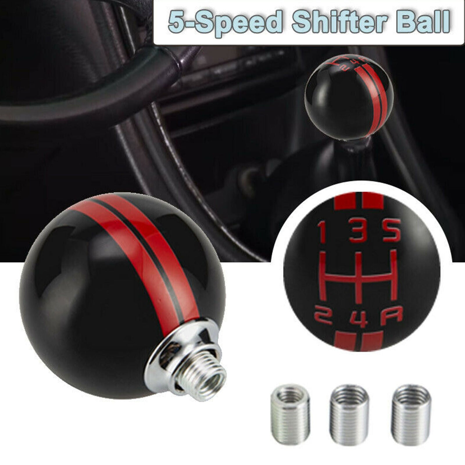 1x Black Red Ball Round 5 Speed Manual Shift Knob Gear Shifter for Ford Mustang
