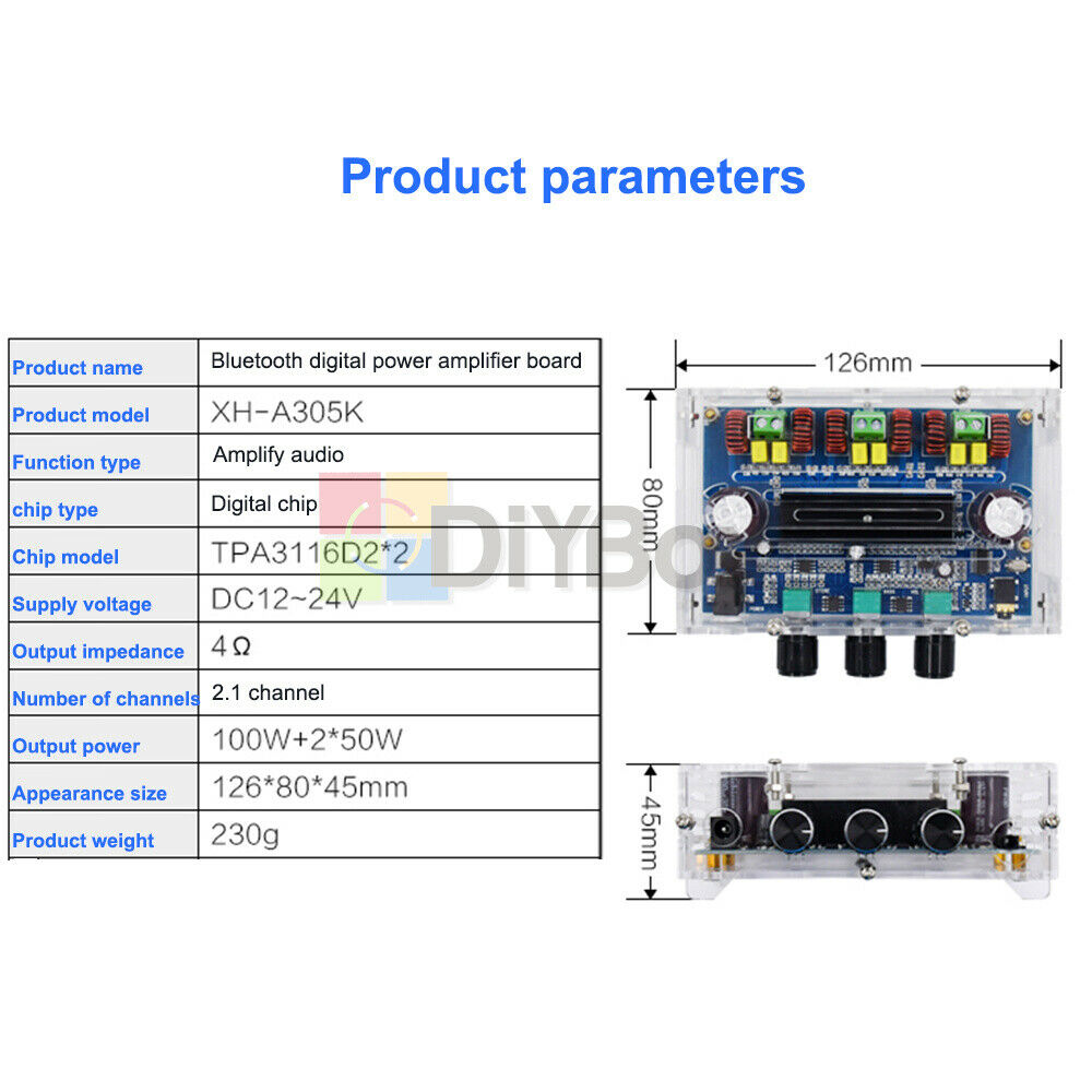 Bluetooth5.0 AUX TPA3116D2 Digital Power Amplifier Board 2.1CH 2*50W+100W + Case