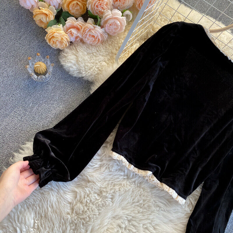 Women Velvet Blouse Lace Square Neck Crop Tops Frog Button Shirt Black Retro