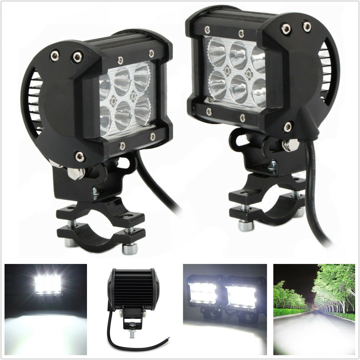 2PCS Adjustable Motorcycle 18W  LED Driving Fog Spotlight with Mounting Bracket