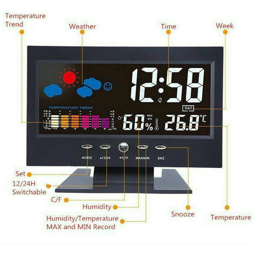 LED Digital Alarm Clock Loud Time Projector Weather Thermometer Snooze LCD Color