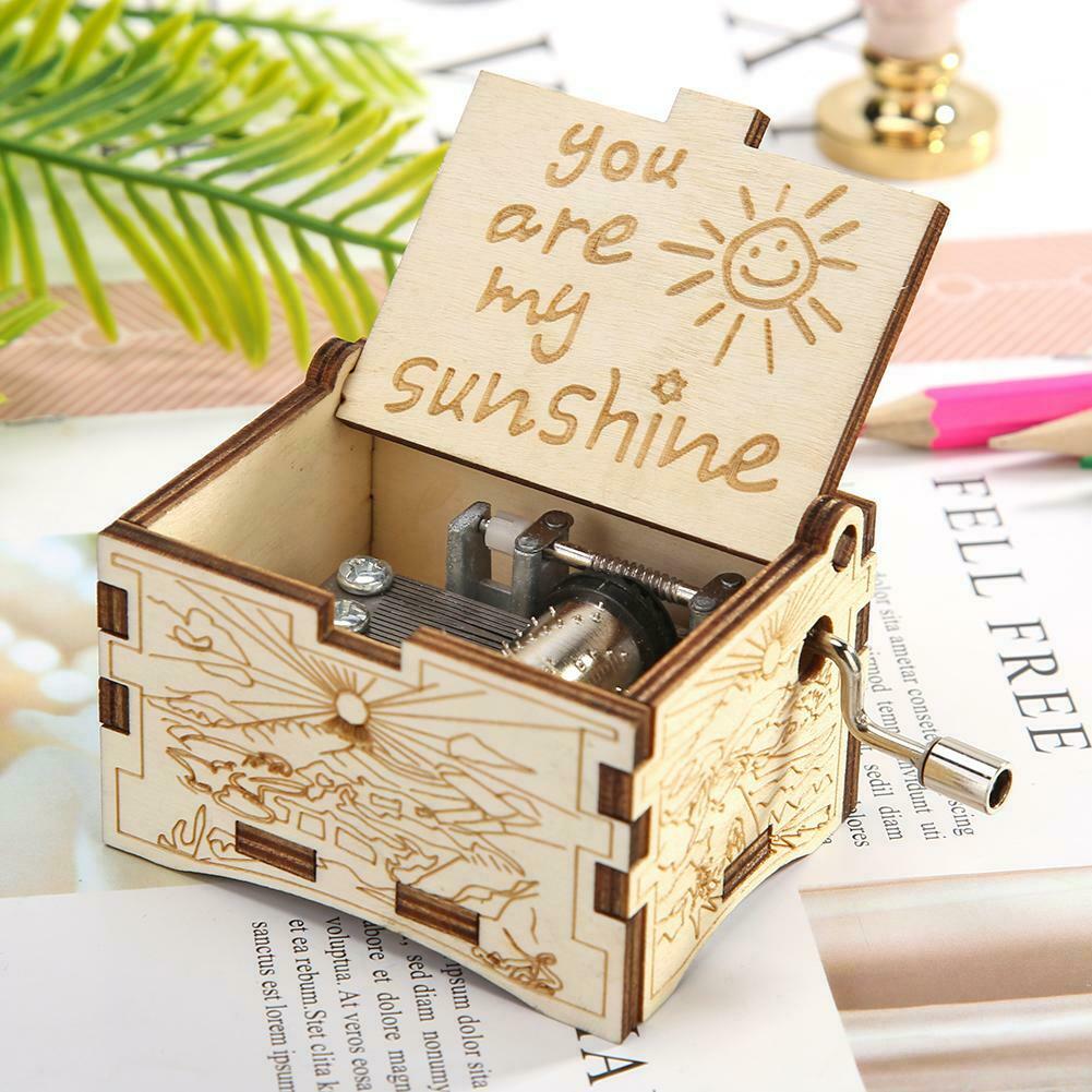 Retro Carved Wooden Manual Music Box Hand Cranked Birthday Gift Ornaments @