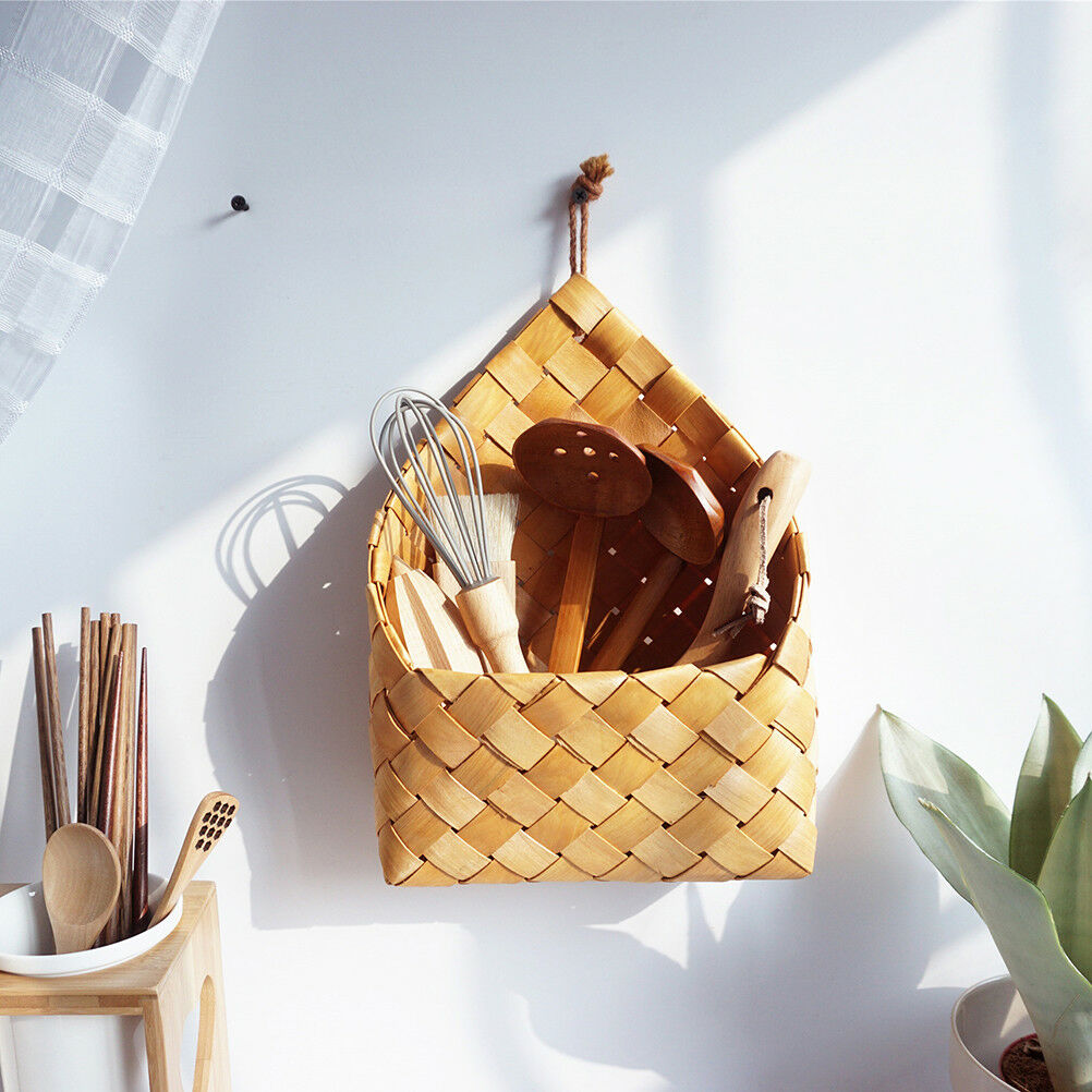 wicker brown wood wall hanging pocket basket flat back door decor country BDAU