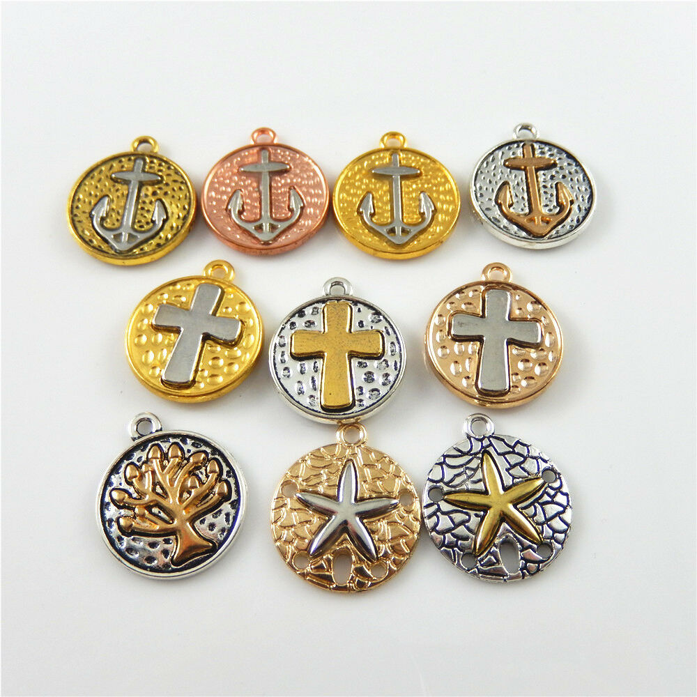 20 Assorted Cross Starfish Pendant Alloy Round Nautical Charm Jewelry Craft 19mm