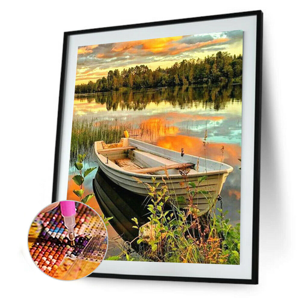 Lake Boat 5D DIY Full Square Drill Diamond Painting Rhinestone Decor Crafts @