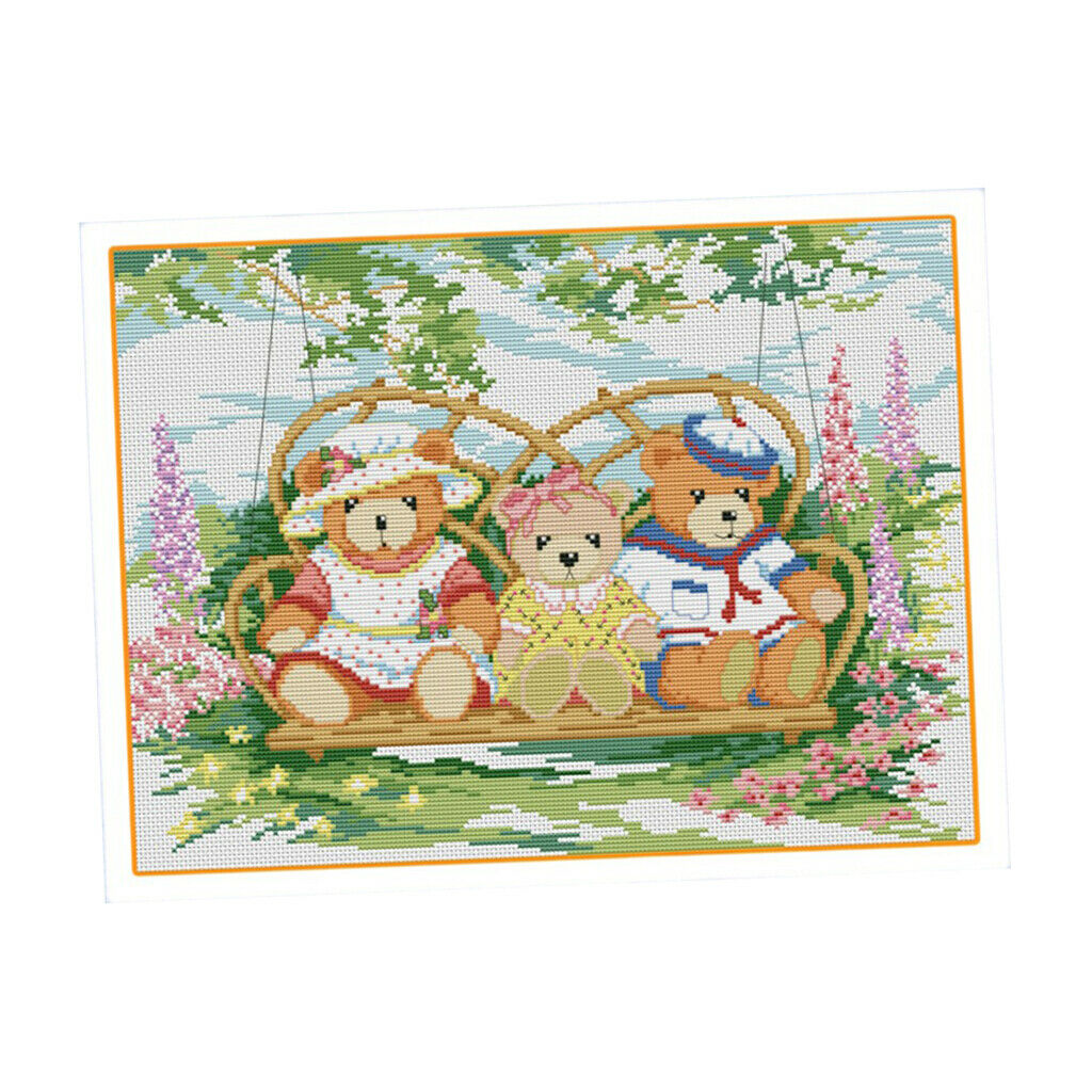 Bears on Swing Cross Stitch Stamped Kit Pre-Printed Pattern, 11CT Aida Fabric