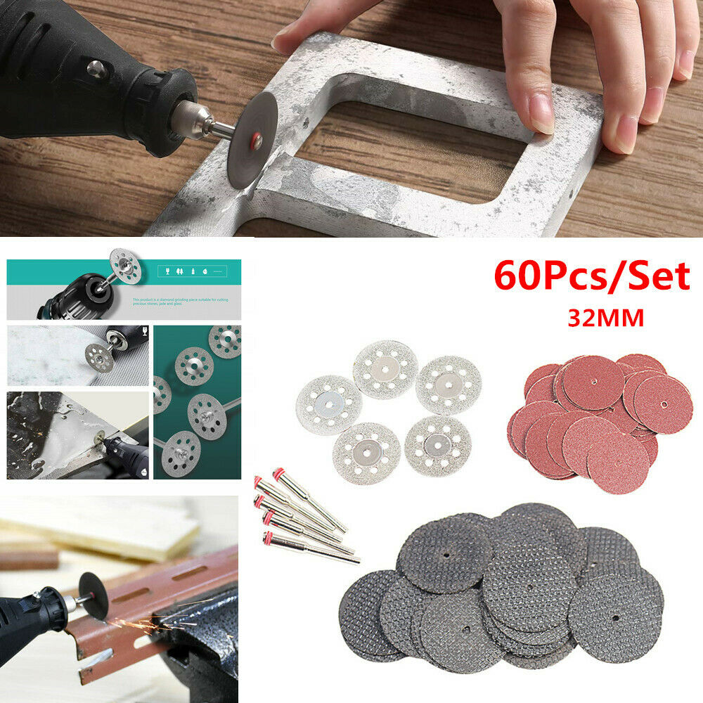 60Pc Rotary Mini Diamond Cutting Wheel 32MM Disc Sandpaper Grinding Tool Blades
