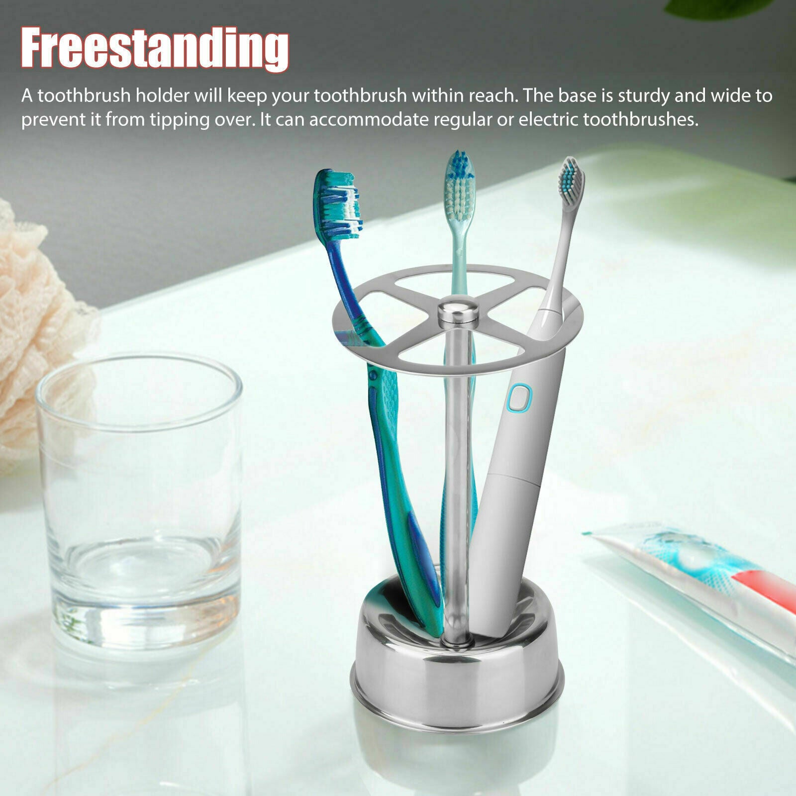 Stainless Steel Toothbrush Stand Toothpaste Holder Bathroom Organizer Freestand