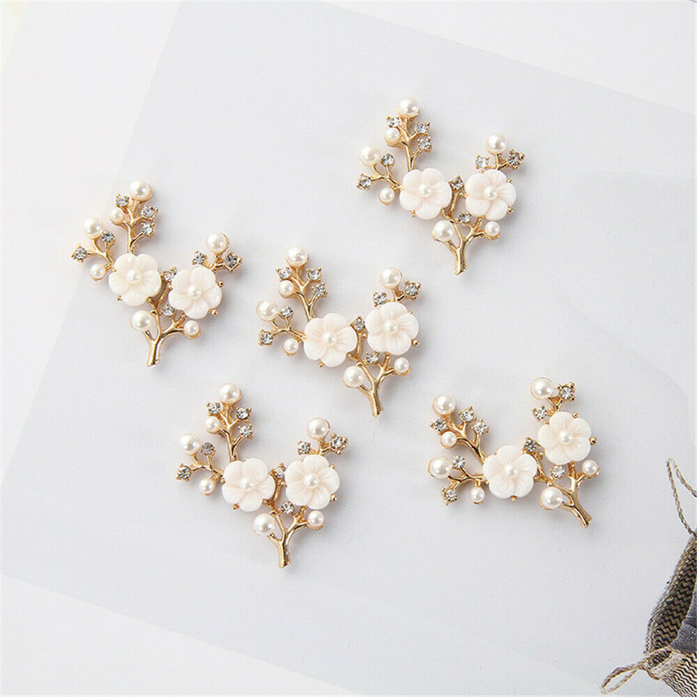 2pcs Golden Crystal Flower Branch with Faux Pearls Embellishments Decors 44x40mm