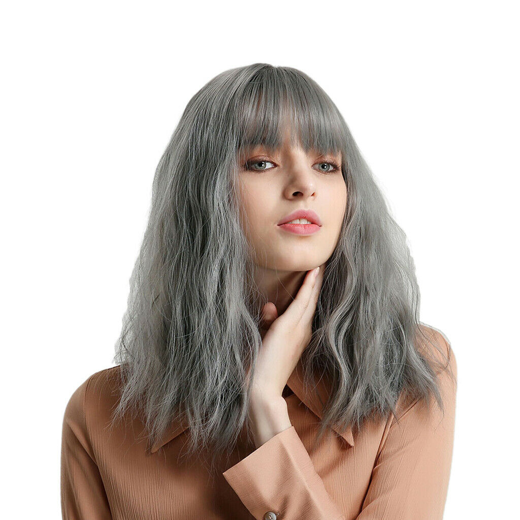 16'' Grayish Blue Women Wavy Wig Synthetic Heat Resistant Wigs w/ Flat Bang