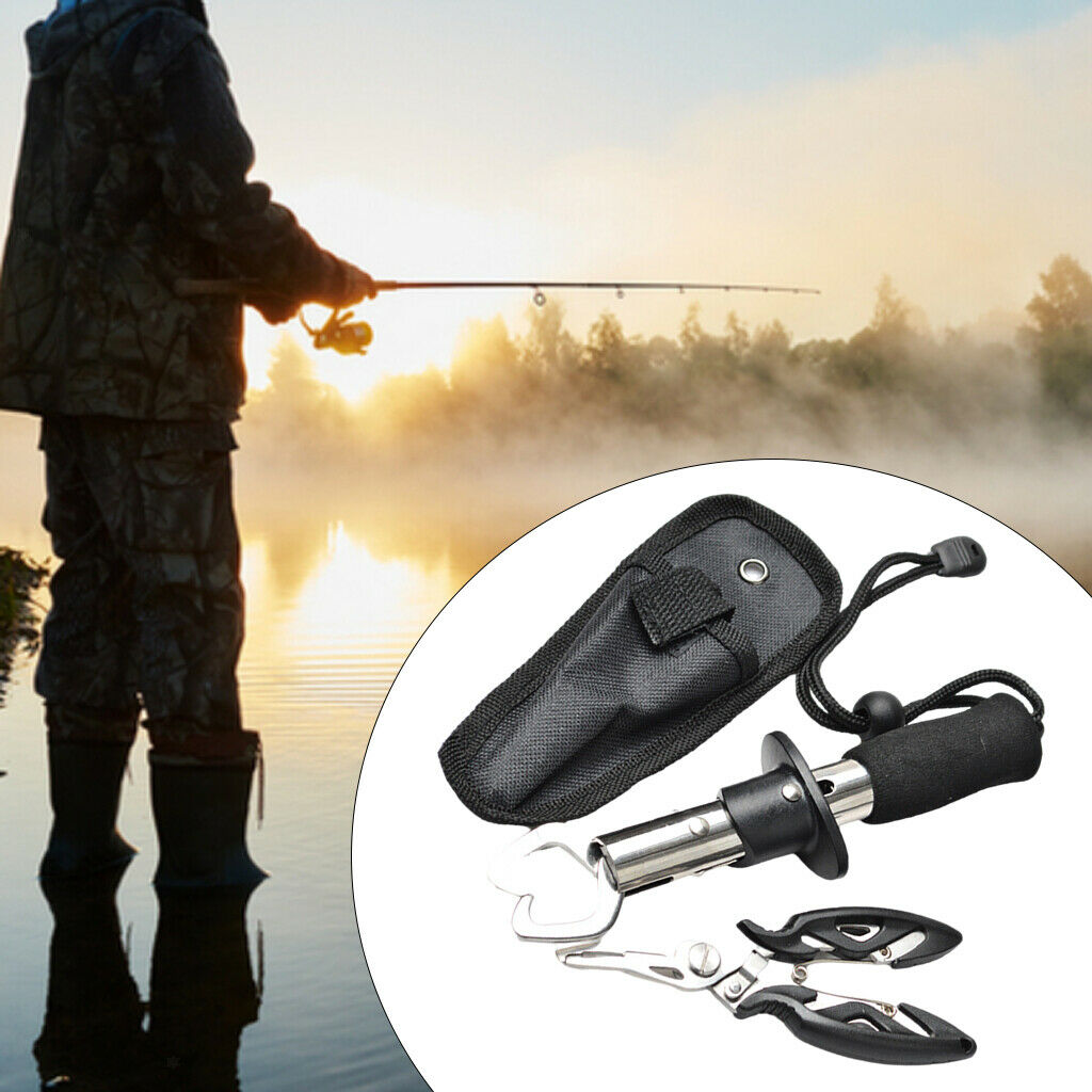 Fish lip gripper fishing tongs with coat hook remover