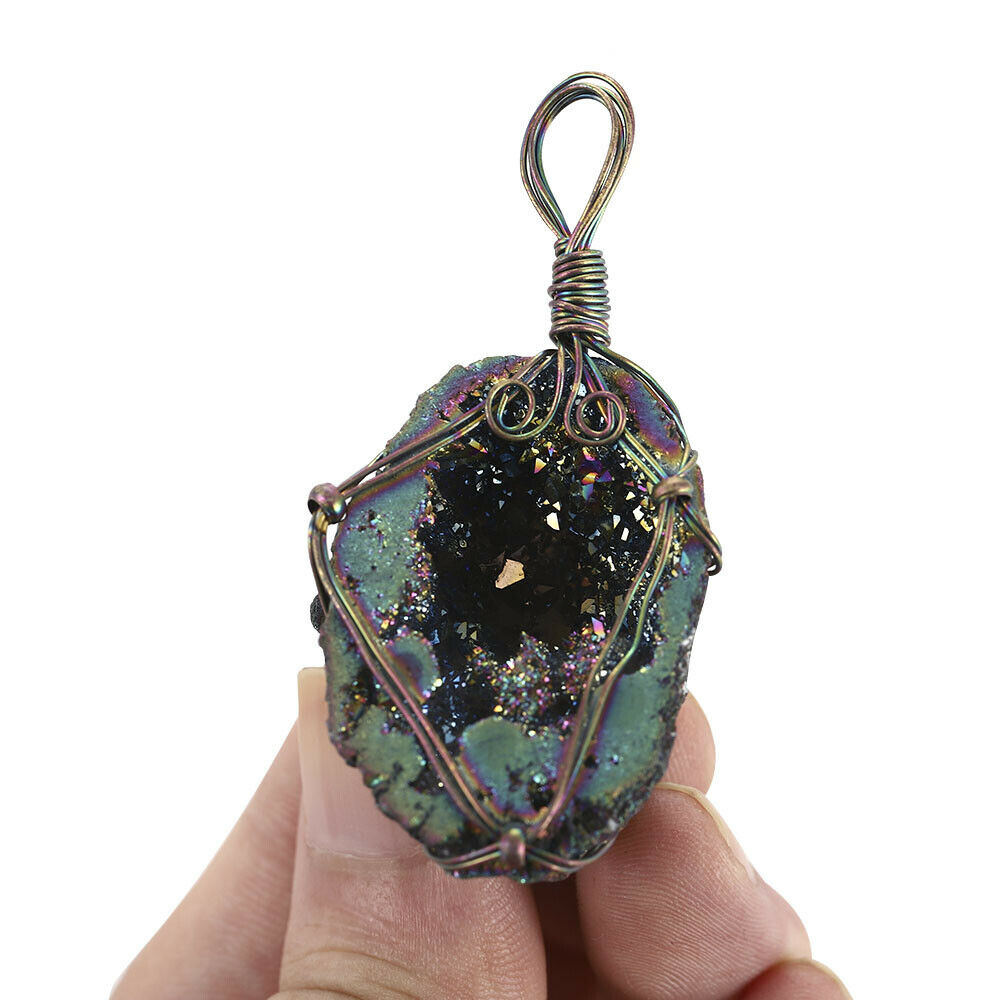 100%-Natural Wrap Rainbow Titanium Crystal Agate Druzy Quartz Geode Pendant Bead