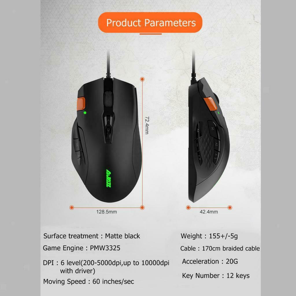 USB Wired Professional MMO TPS Gaming Mouse 12 Buttons Programmable Mice
