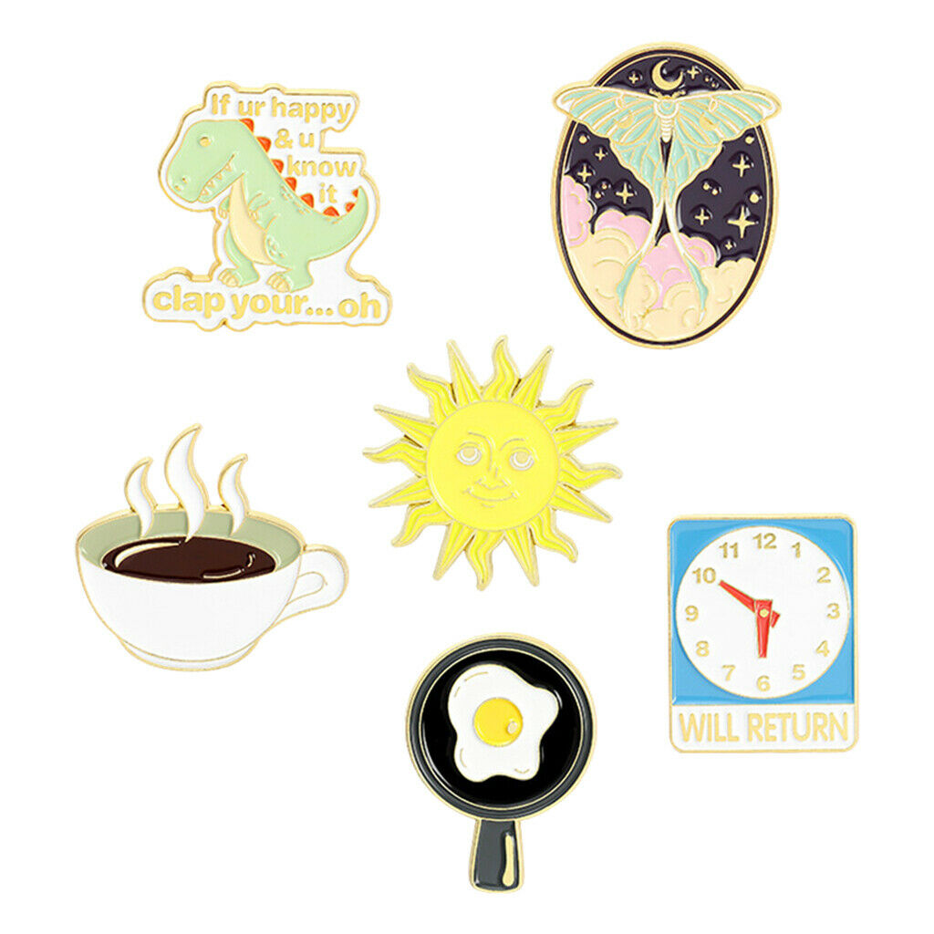 Enamel Pins Clock Fried Egg Sun Brooch Bag Clothes Lapel Pin for Kids 6 Pcs