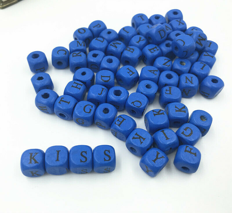 50X Royal blue Wood Spacer Beads Alphabet Cube Mixed For jewelry Making 10x10mm