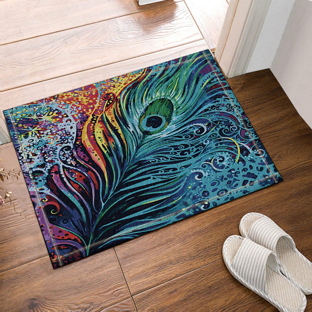 Colorful Peacock Feather Flannel Bathroom Rug Non-Slip Floor Door Mat 16x24"