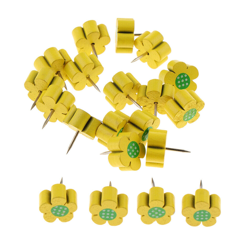 20pcs Wooden Thumb Tacks Push Pins Flower Head Office Thumbtack Yellow