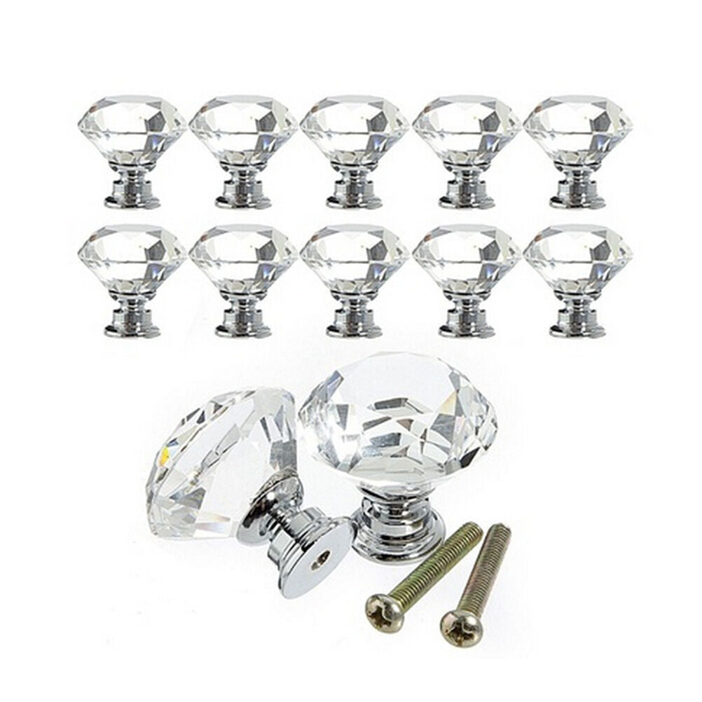 10Pcs Crystal Glass Cabinet Knob Diamond Shape 30mm Drawer Cupboard Hand JvJ BU