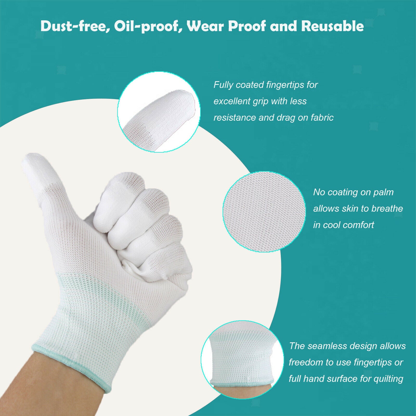 2 Pairs Nylon Quilting Gloves for Machine Quilters Quilting Sewing M White